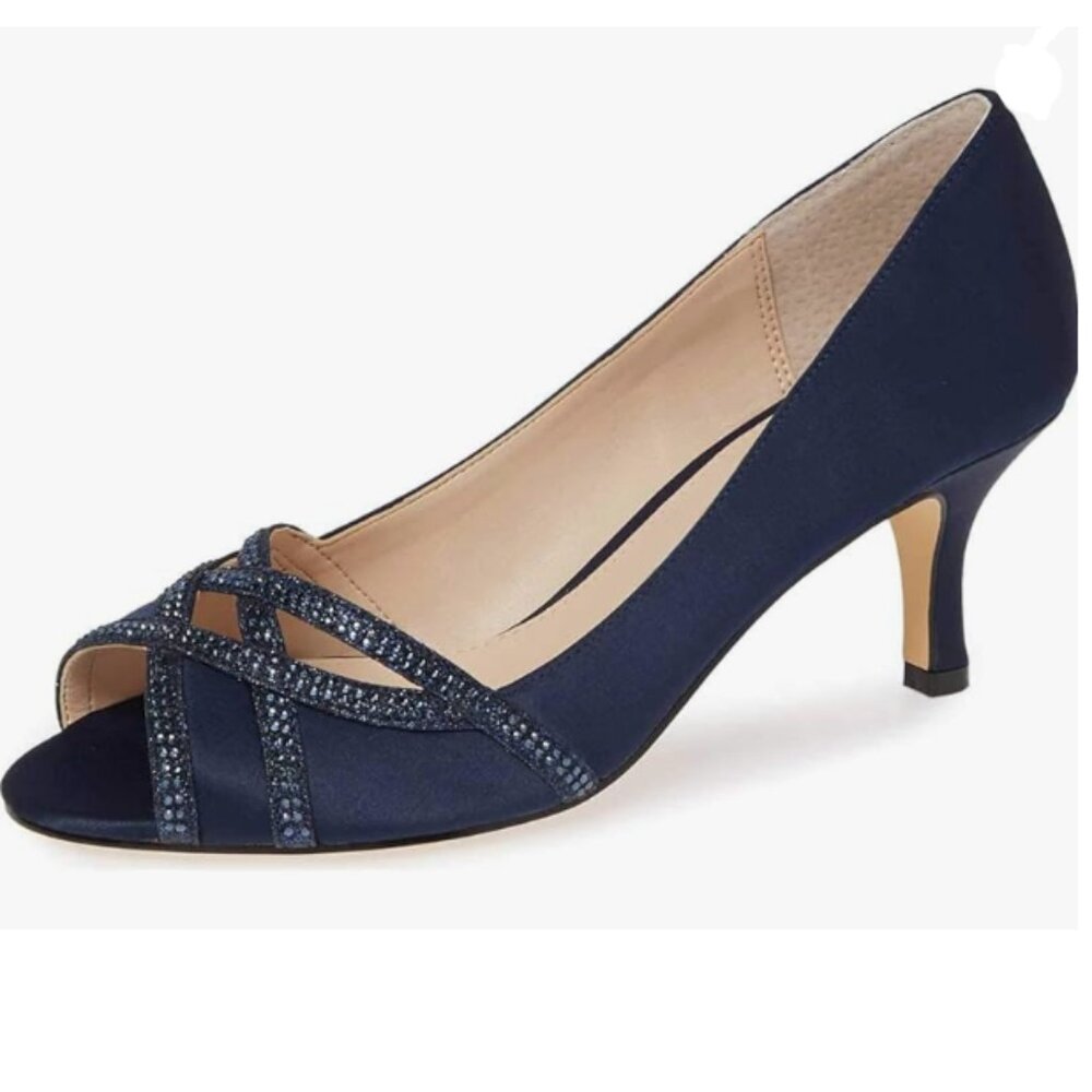 XYD Navy Prom Wedding Kitten Heels Dress Pumps Peep Toe Rhinestones Cutout Shoes